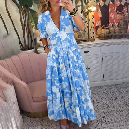Floral Pattern Pocket Dress with V-neckline