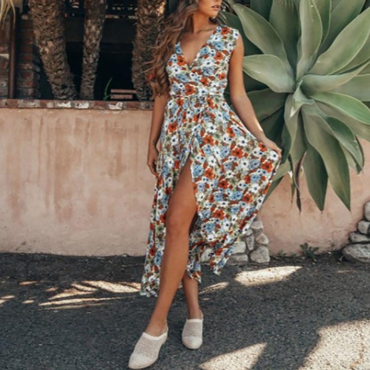 New Bohemian Sexy V Collar Printing Sleeveless Vacation Dress.AQ