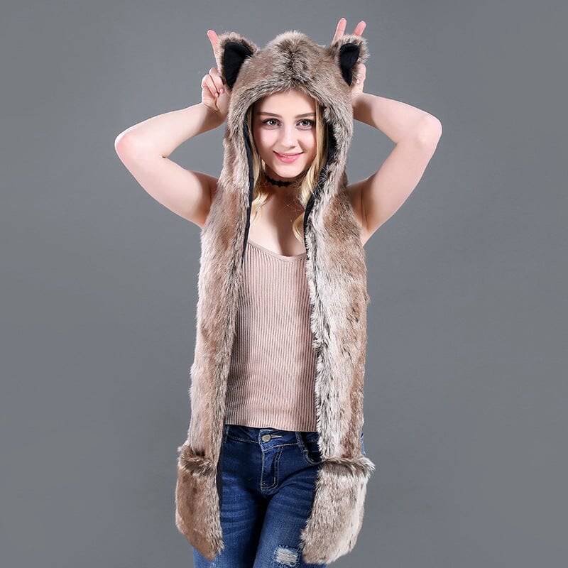 3 in 1 Furry Hooded Scarf with Paws and Ears