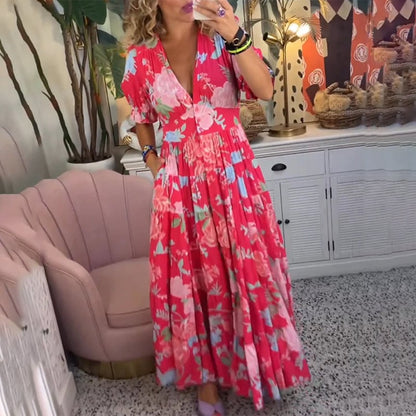 Floral Pattern Pocket Dress with V-neckline