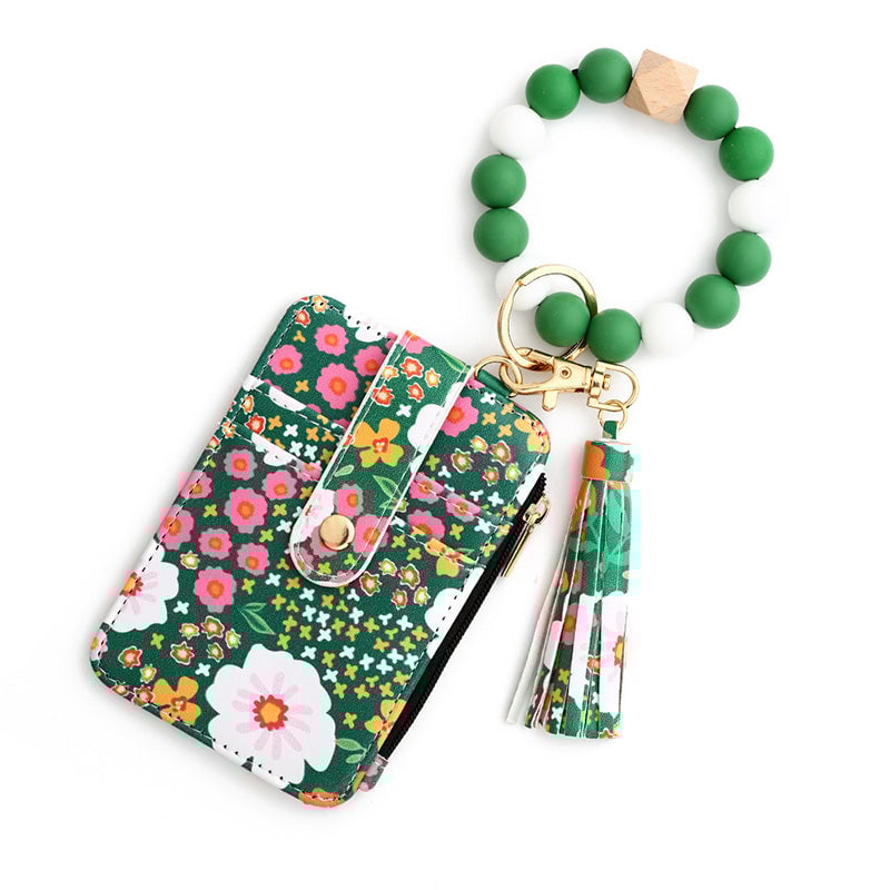 Boho Style Beaded & Tassel Decorated Keychain with Flower Pattern Wallet