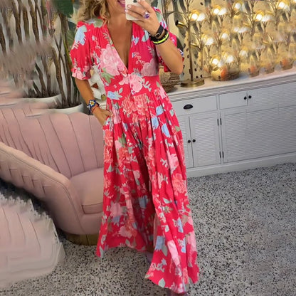 Floral Pattern Pocket Dress with V-neckline