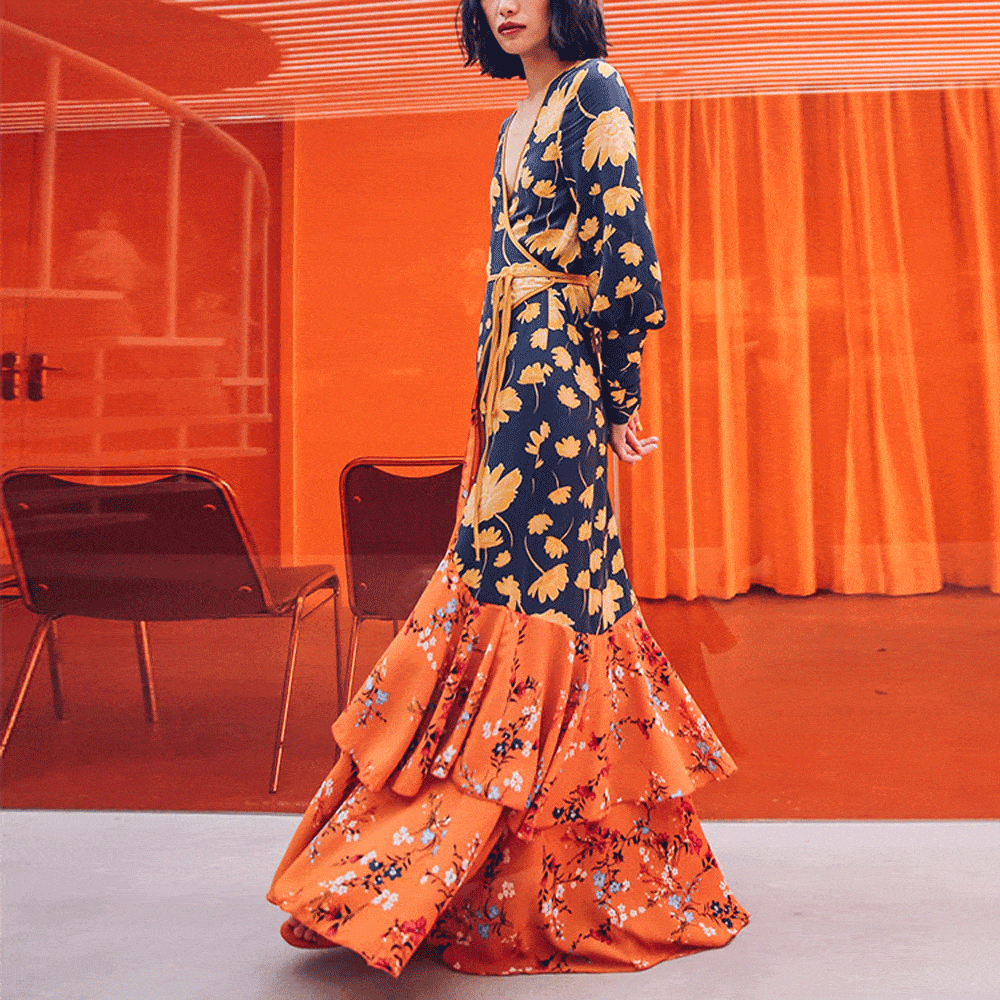 New Gorgeous V Collar Floral Printed Split Joint Maxi Dress.MC