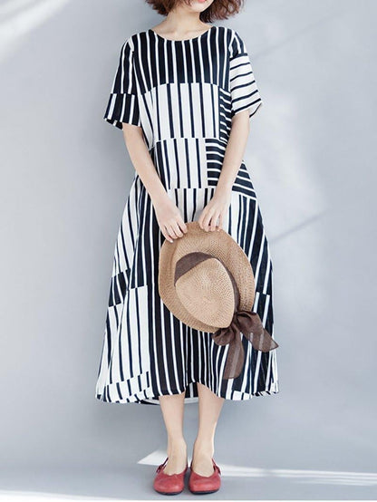 New Casual Round Neck Stripe Short Sleeve Dress.MC