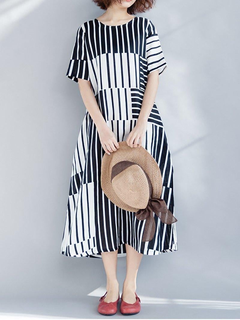 New Casual Round Neck Stripe Short Sleeve Dress.MC
