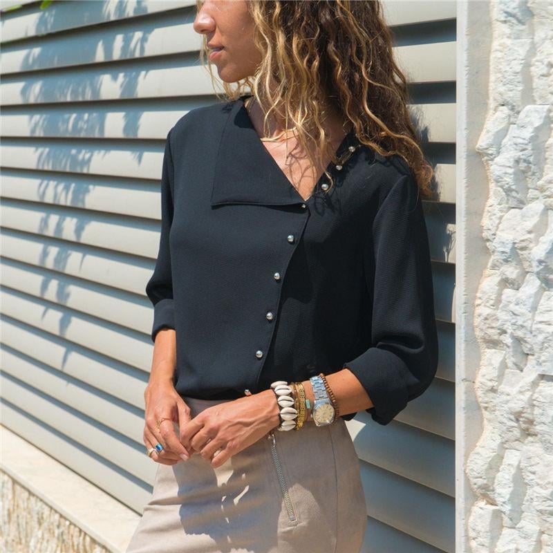 Women Skew Collar Solid Office Casual Blouse