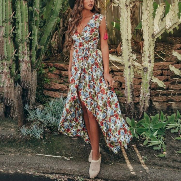 New Bohemian Sexy V Collar Printing Sleeveless Vacation Dress.AQ