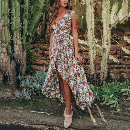 New Bohemian Sexy V Collar Printing Sleeveless Vacation Dress.AQ