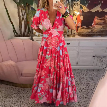 Floral Pattern Pocket Dress with V-neckline