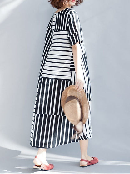 New Casual Round Neck Stripe Short Sleeve Dress.MC