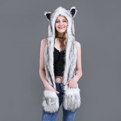 3 in 1 Furry Hooded Scarf with Paws and Ears