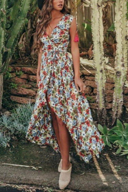 New Bohemian Sexy V Collar Printing Sleeveless Vacation Dress.AQ