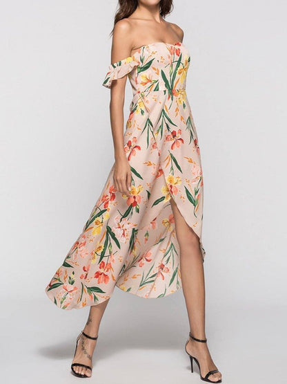 New Strapless  Asymmetric Hem  Printed Maxi Dress.MC