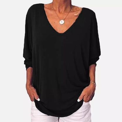 3/4 Sleeve Back Buttons V Neck Tops
