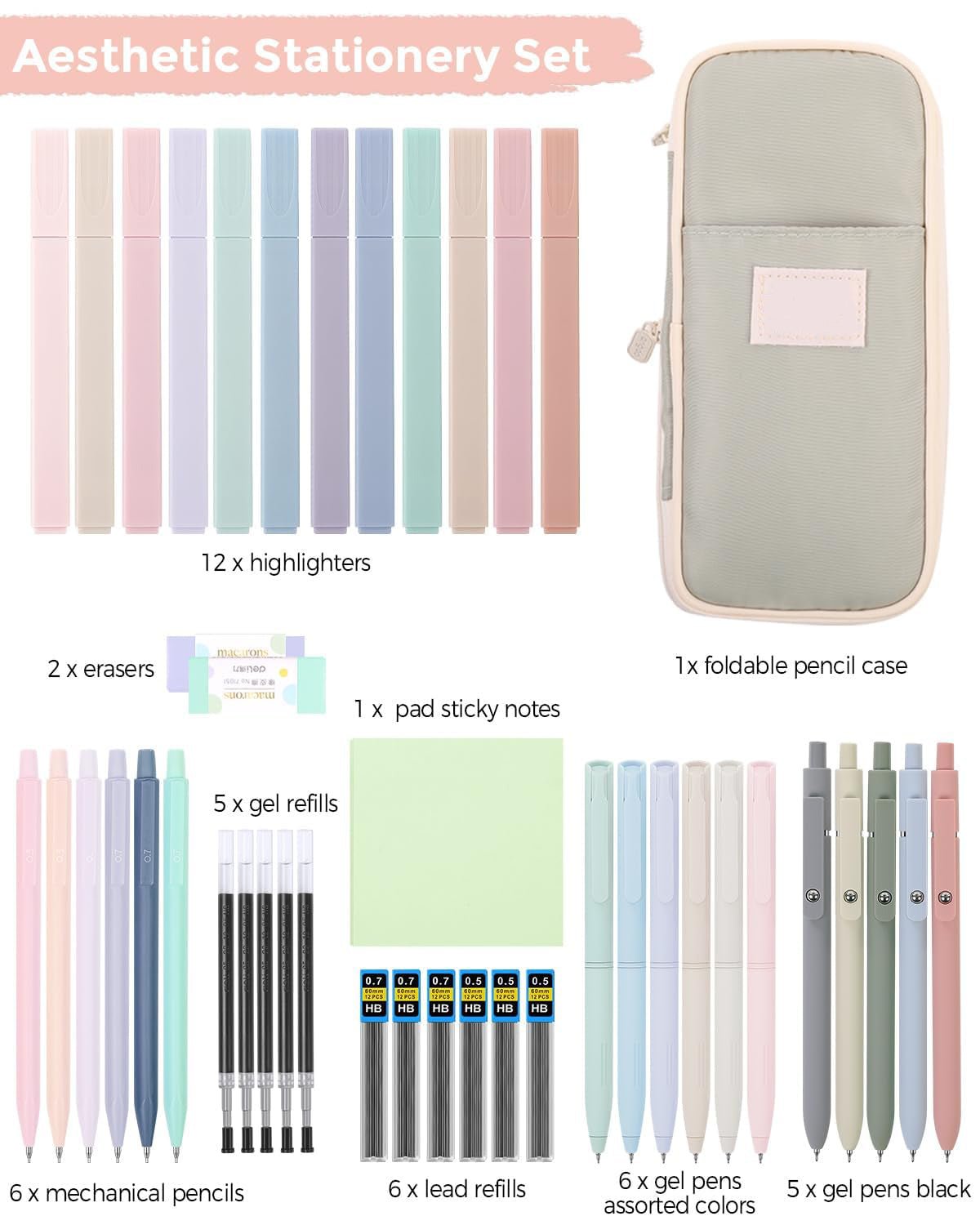 Sakerplus Cute Pink School Supplies Set