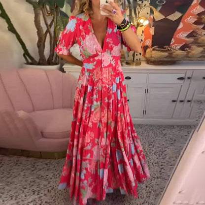 Floral Pattern Pocket Dress with V-neckline
