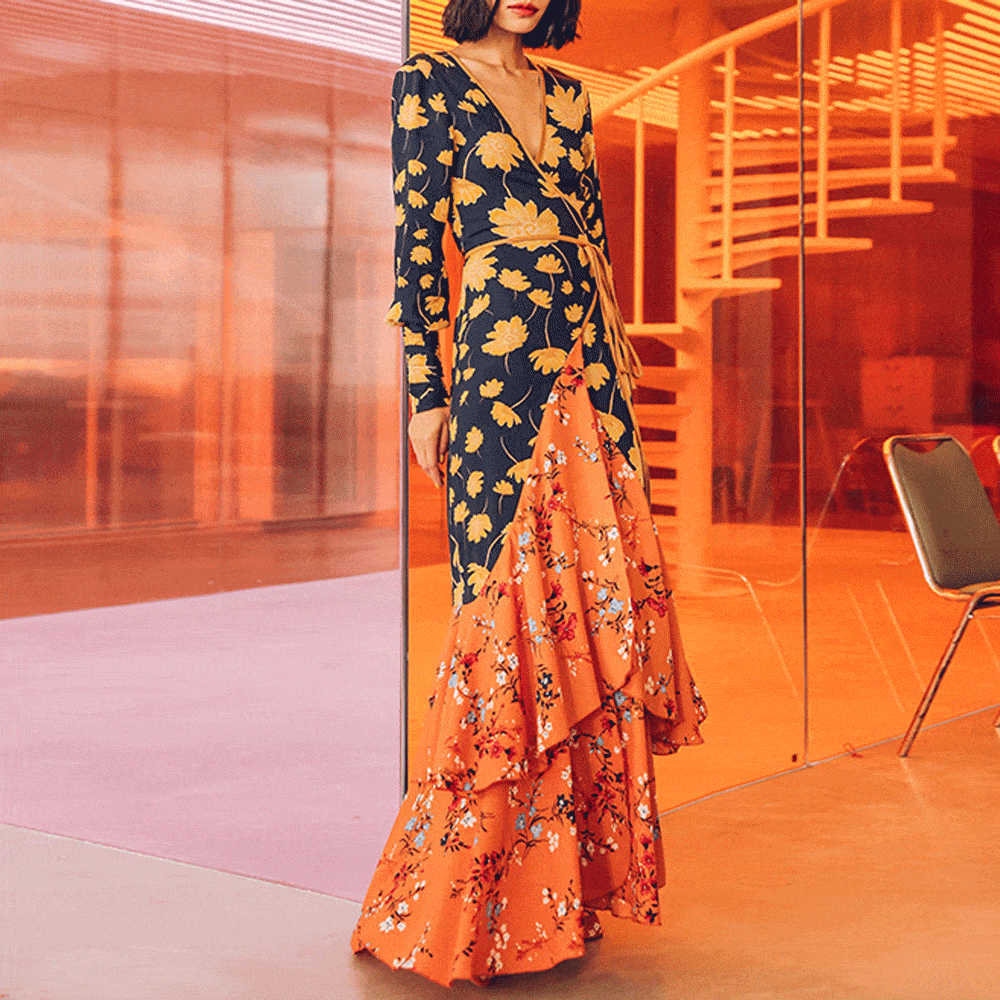 New Gorgeous V Collar Floral Printed Split Joint Maxi Dress.MC