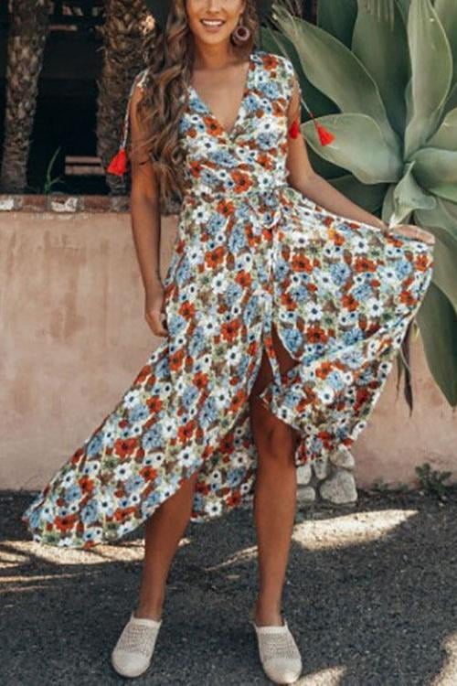 New Bohemian Sexy V Collar Printing Sleeveless Vacation Dress.AQ