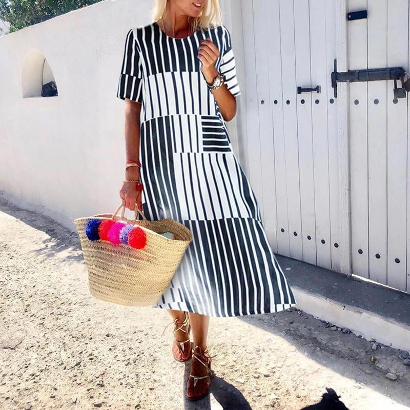 New Casual Round Neck Stripe Short Sleeve Dress.MC