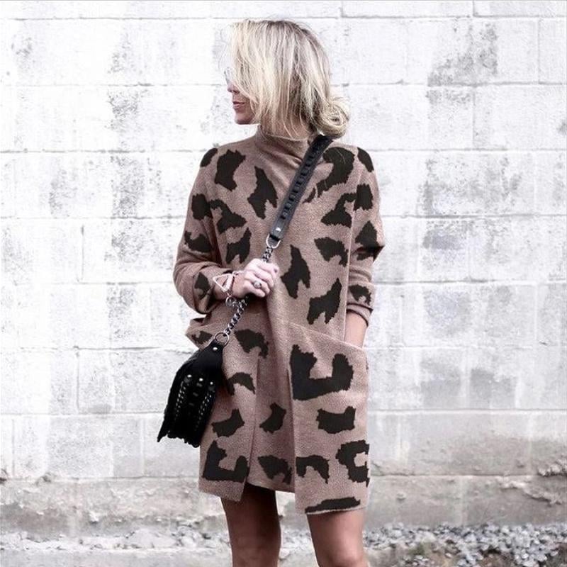 Leopard Mock Neck Sweater Dress