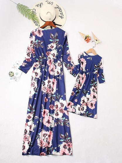 NEW Casual Floral Round Neck Three Quarters Sleeve Mommy And Me Matching Dresses