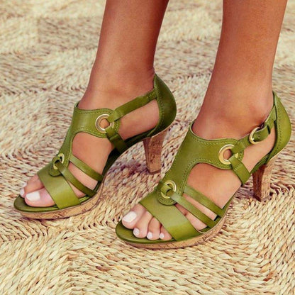 Plain Chunky High Heeled Peep Toe Date Travel Sandals