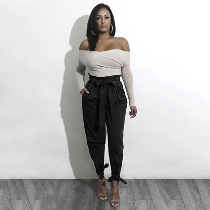 Women Solid Loose Pants Casual High Waist Belt Pocket Bow Tie Ruffles Trousers