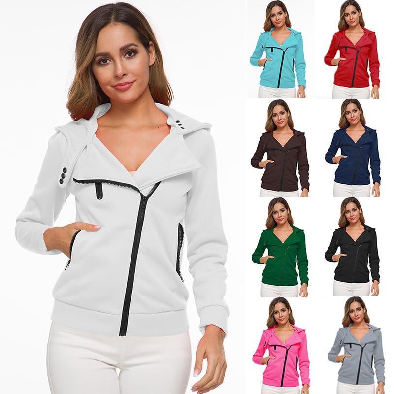 Women New Hooded Slant Zip Jacket