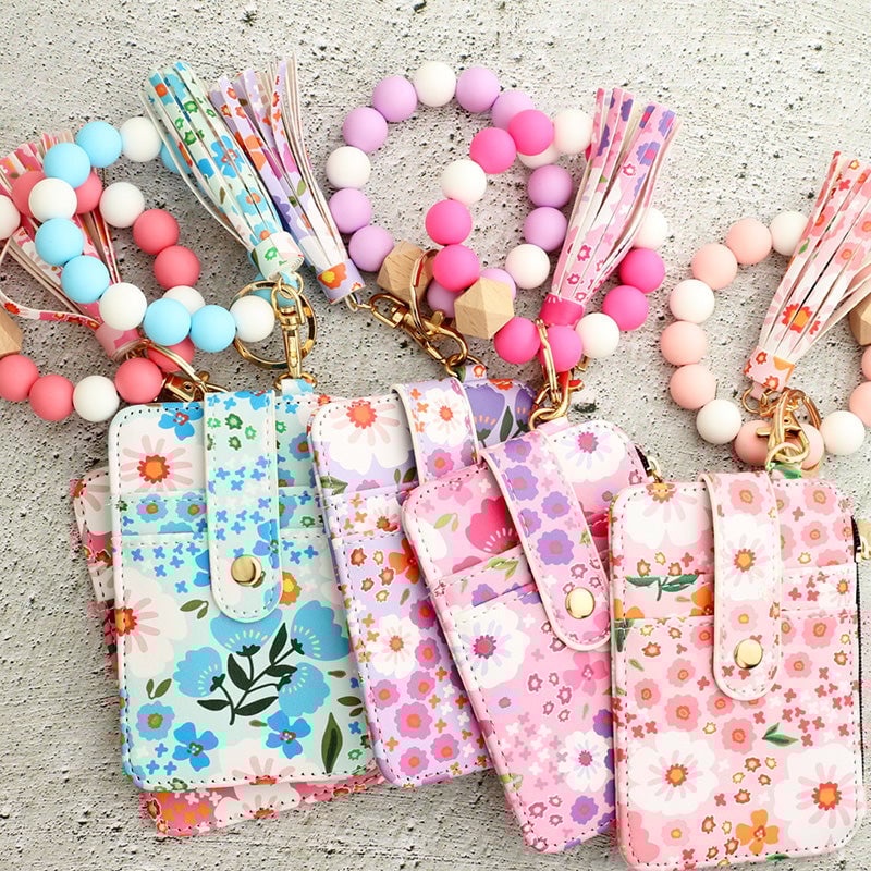 Boho Style Beaded & Tassel Decorated Keychain with Flower Pattern Wallet