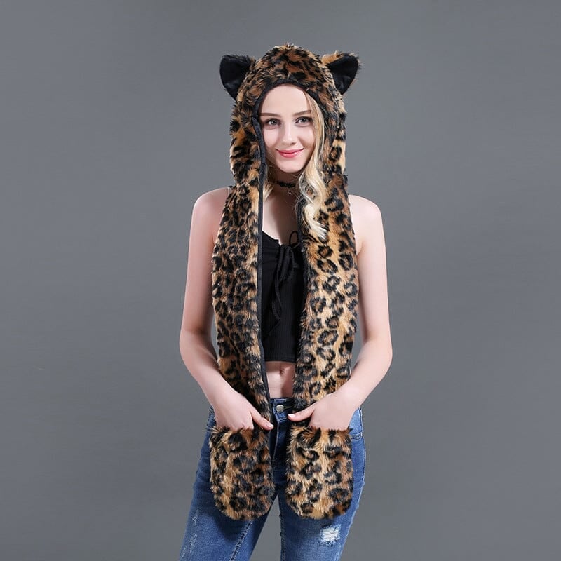 3 in 1 Furry Hooded Scarf with Paws and Ears