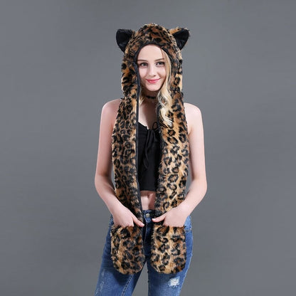 3 in 1 Furry Hooded Scarf with Paws and Ears