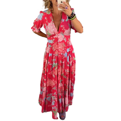 Floral Pattern Pocket Dress with V-neckline