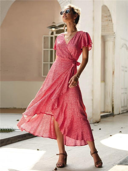 Casual Floral V Neck Short Sleeve Asymmetrical Long Dress